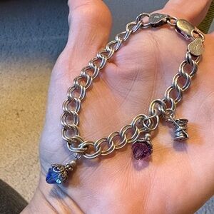 Vintage 925 Italy, Silver Charm Bracelet, Blue and Pink charms and spool thread